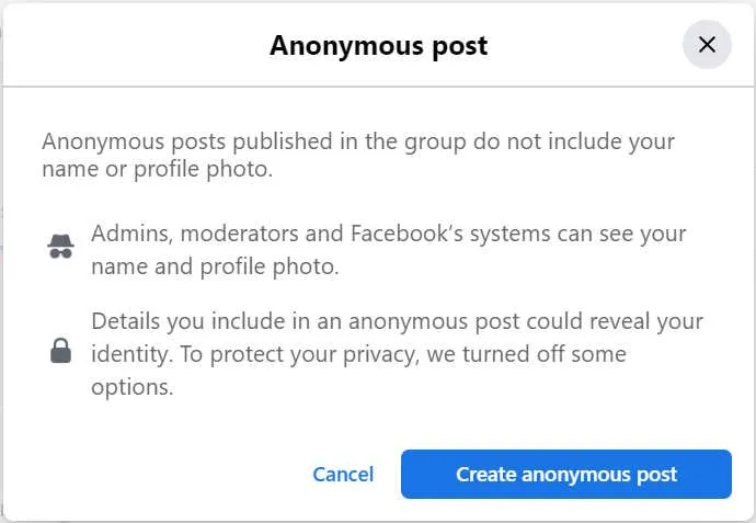 Confirmación para crear una publicación anónima en el sitio web de Facebook