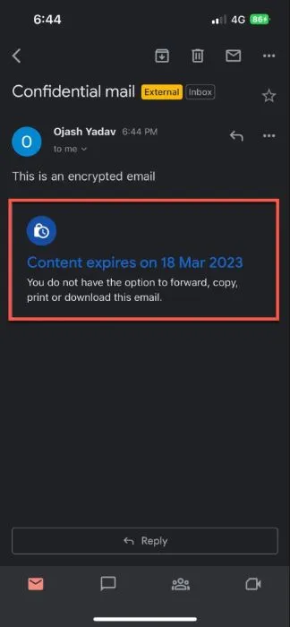 E-mail affichant un avertissement d'expiration du contenu dans l'application Gmail.