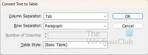 Converti testo in finestra tabella