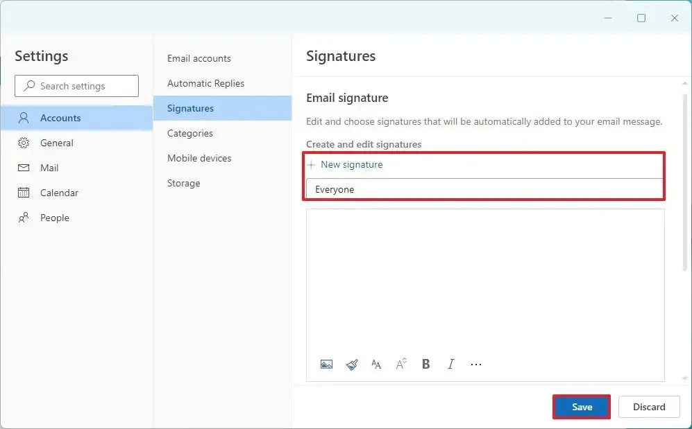 Outlook criar nova assinatura
