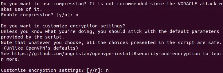 Una terminal que muestra el aviso solicitando funciones adicionales en el servidor OpenVPN.