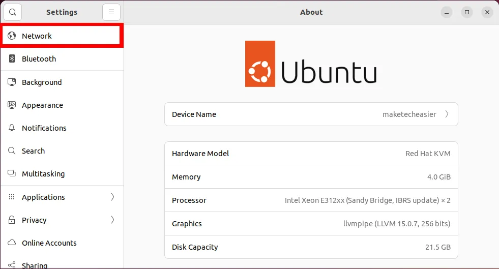 Una captura de pantalla que muestra un punto destacado de la categoría Red en la aplicación de configuración de GNOME.