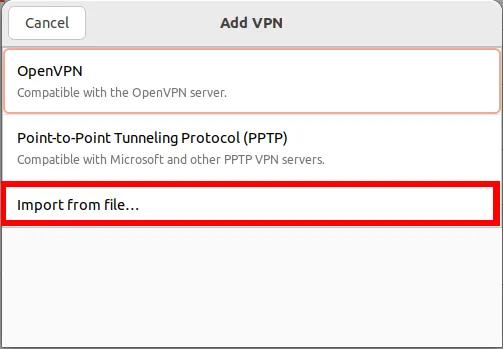 Una captura de pantalla que muestra el proceso de importación de un archivo OpenVPN en Ubuntu.