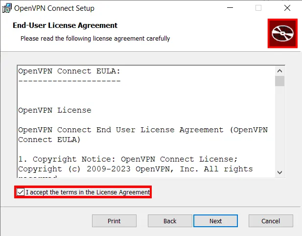 Una captura de pantalla que muestra el Acuerdo de licencia para el cliente OpenVPN de Windows.