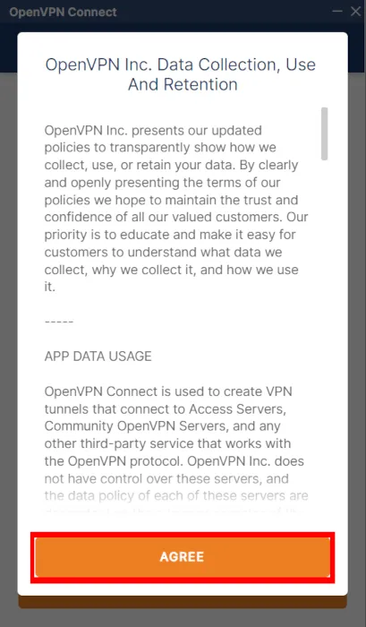 Una captura de pantalla que muestra la pantalla del acuerdo de la política de recopilación de datos para OpenVPN.