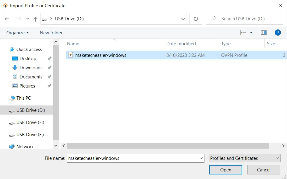 Una captura de pantalla que muestra el cuadro de selección de archivos para el archivo ovpn.