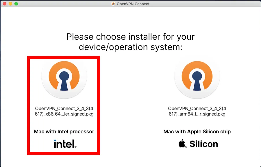 Ein Screenshot, der die beiden verschiedenen Binärdateien für OpenVPN auf dem Mac zeigt.