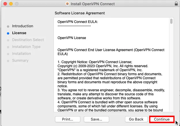 Ein Screenshot, der die Aufforderung zur Lizenzvereinbarung für den OpenVPN-Client zeigt.