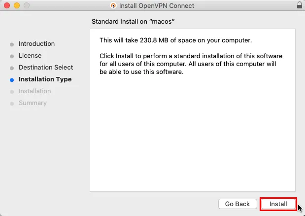 Una captura de pantalla que muestra el proceso de instalación del cliente OpenVPN en Mac.