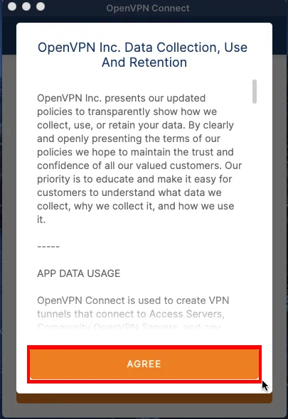 Ein Screenshot, der die Datenerfassungsrichtlinie des OpenVPN-Clients zeigt.