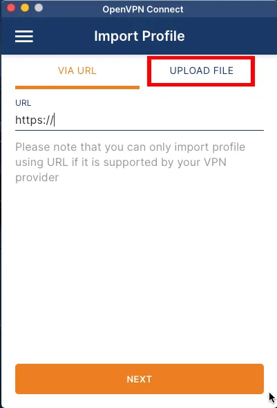 Ein Screenshot, der die Registerkarte „Datei hochladen“ für den OpenVPN-Client hervorhebt.