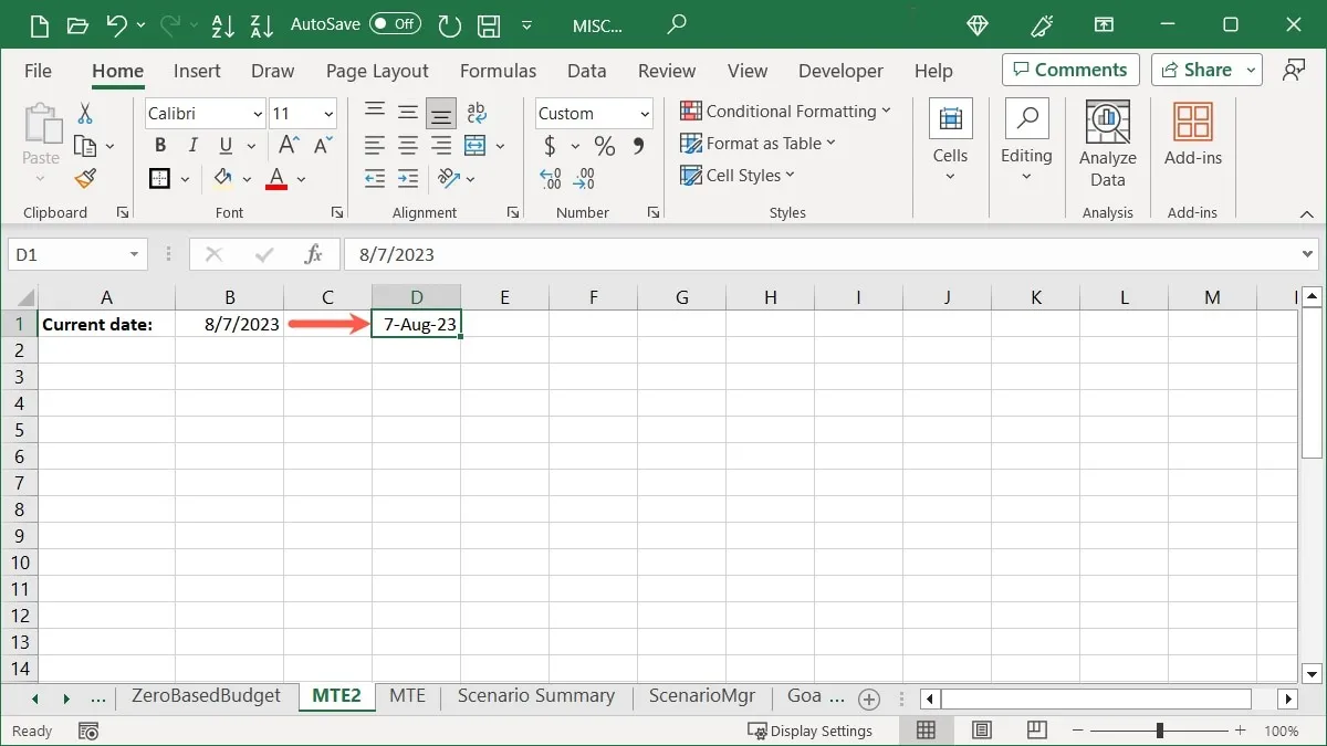 Date actuelle formatée dans Excel