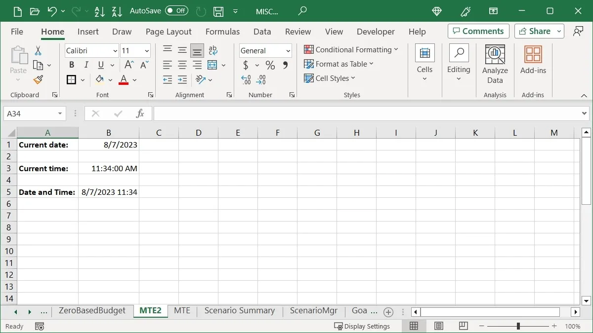 Data e ora correnti in Excel