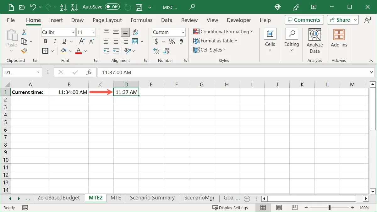 Heure actuelle formatée dans Excel