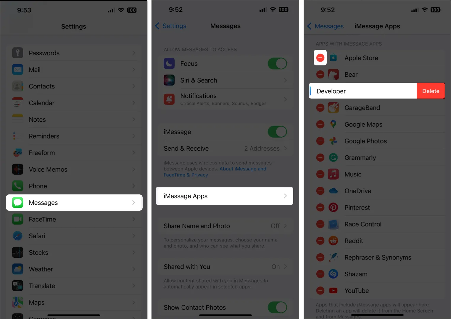 Supprimer les applications iMessage dans iOS 17