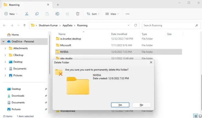 Supprimer les fichiers et dossiers utilisateur NVIDIA
