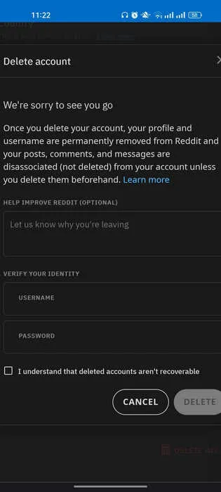 Elimina l'account Reddit su Android tramite Chrome