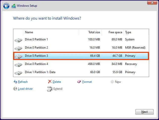 Elimina le partizioni Installazione di Windows 11