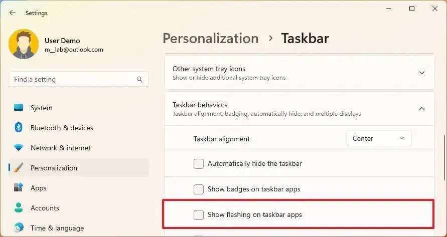 Disabilita il flashing sulle app della barra delle applicazioni