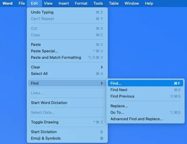 Encontre no menu Editar do Word no Mac
