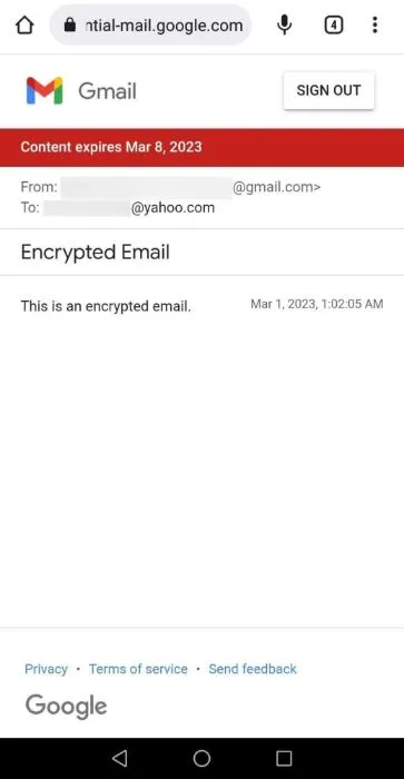 Vista de correo electrónico cifrado en el navegador.