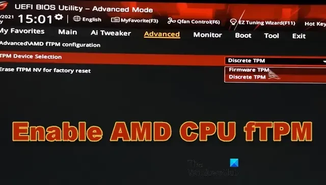 Como habilitar AMD CPU fTPM no BIOS?