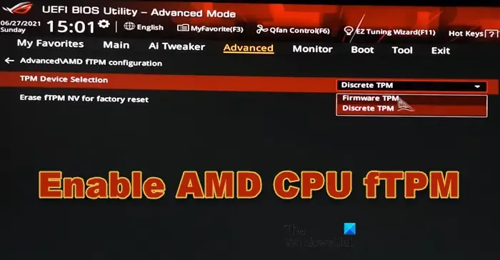 在 BIOS 中啟用 AMD CPU fTPM