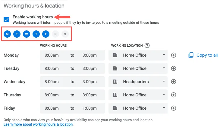 Aktivieren Sie Arbeitszeiten und -tage in Google Kalender
