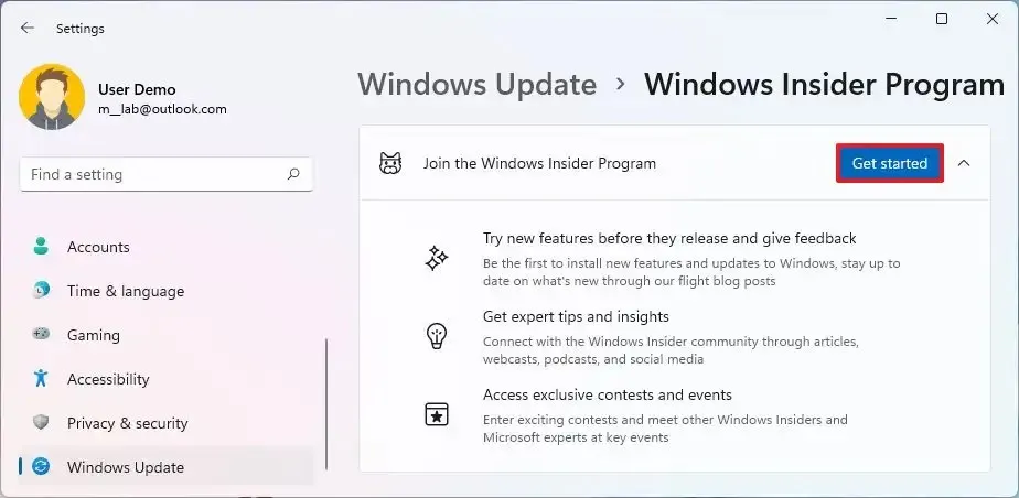 Iniciar inscrição do Windows 11 Insider