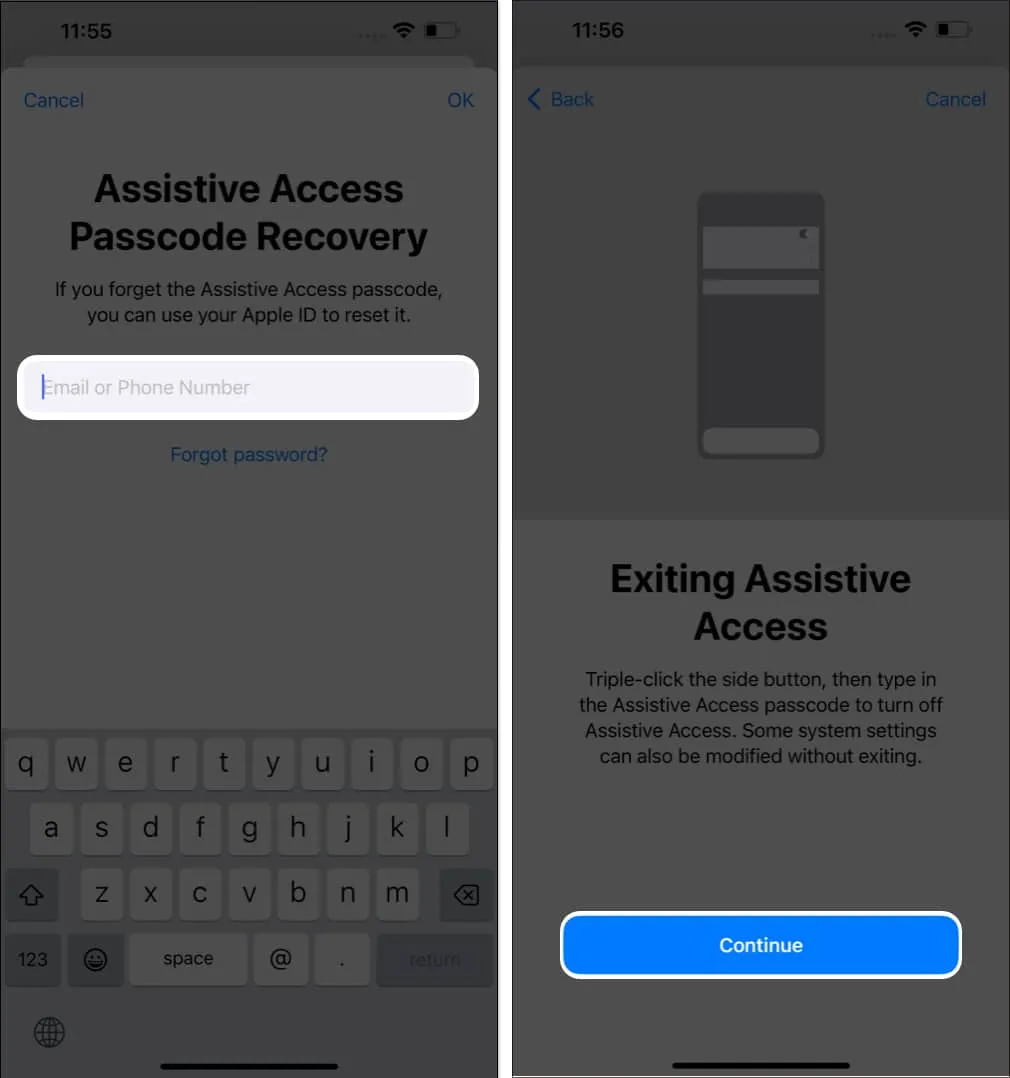 Apple ID とパスワードを入力し、「Assistive Access の終了」画面で「続行」を選択します。Apple ID とパスワードを入力し、「Assistive Access の終了」画面で「続行」を選択します