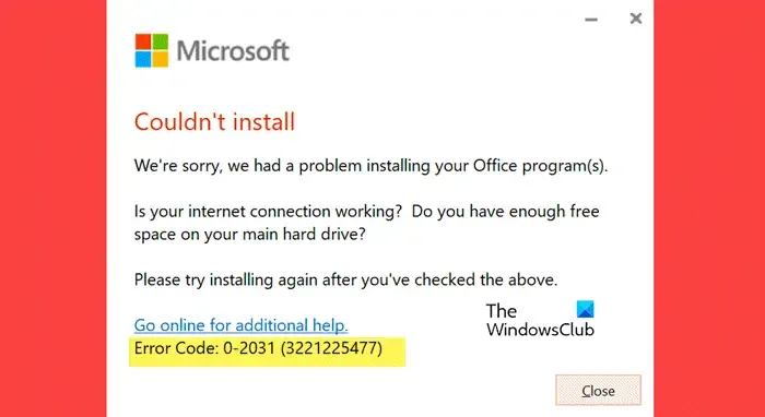 Código de error 0-2031 en Office 365