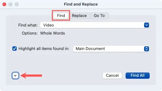 Mac の Word の「検索と置換」ボックス「検索」タブと「その他」矢印