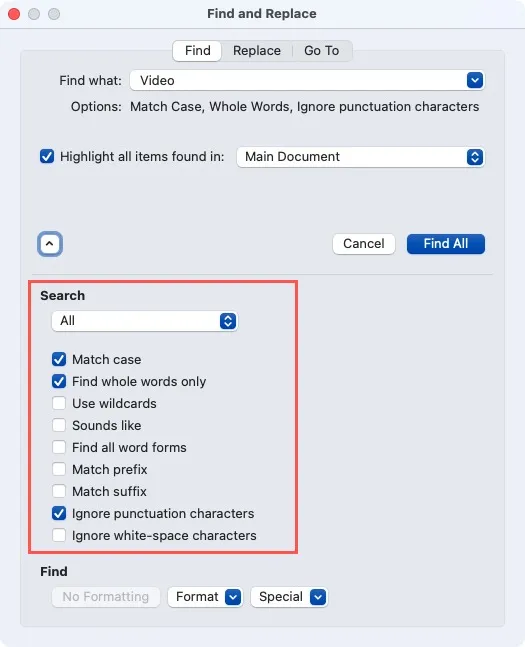 Localizar e substituir opções de pesquisa no Word no Mac