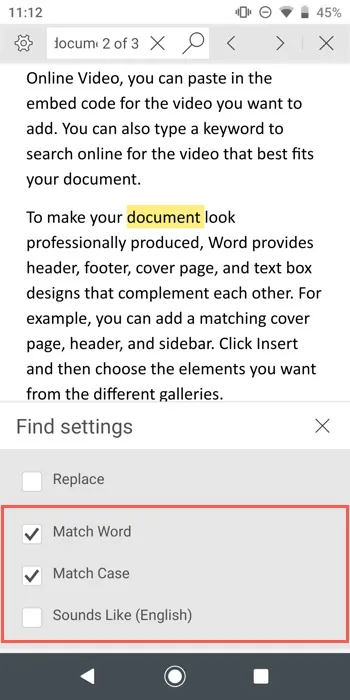 Encontre configurações e filtros no Word no celular