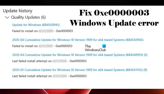 Corrigir erro de atualização do Windows 0xe0000003
