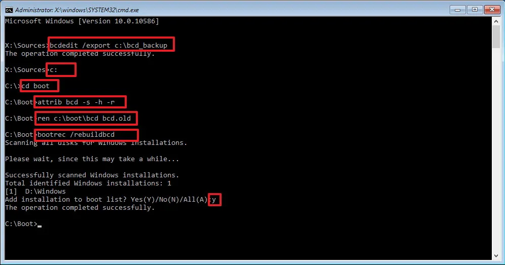 Bootrec.exe で RebuildBCD コマンド オプションを使用して Windows 10 で MBR を修正する