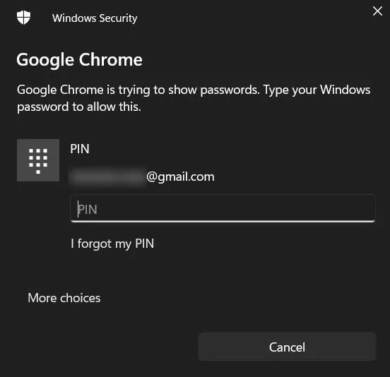 Inserimento del PIN in Google Chrome.