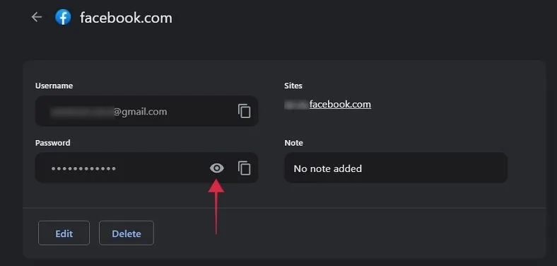 Facendo clic sull'icona a forma di occhio per rivelare la password di Facebook salvata in Chrome.