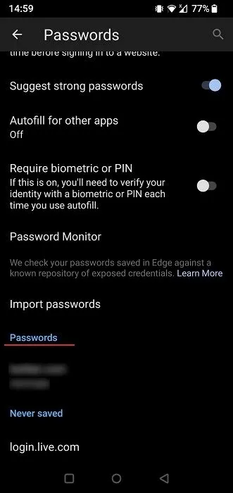 保存されたパスワードは、モバイル用 Edge で表示されます。