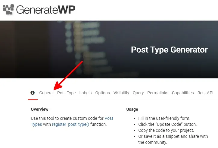 Genera informazioni sul generatore di tipi di post wp