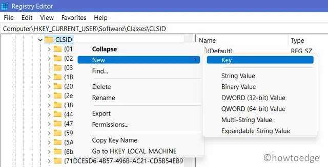 Windows 11에서 클래식 컨텍스트 메뉴로 돌아가기 - CLSID에서 새 키 만들기