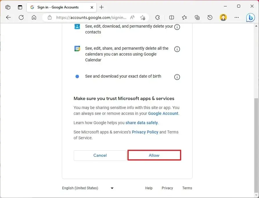 Outlook アプリの Gmail 権限