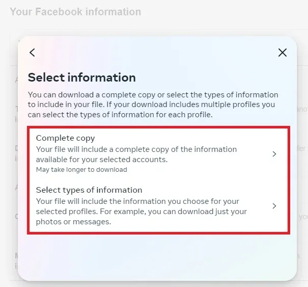 Opter pour le type d’informations que vous souhaitez télécharger depuis Facebook.