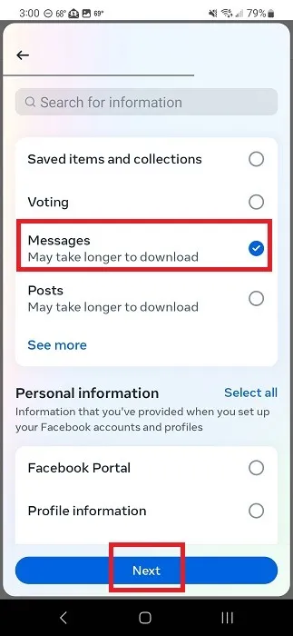 Facebook アプリでメッセージをダウンロードすることを選択します。