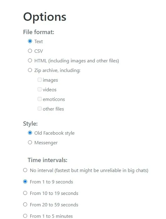 Sélectionnez le format de fichier, le style et les intervalles de temps pour le téléchargement des messages dans l'extension Chrome.