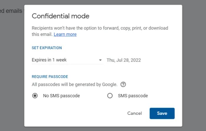 Mode confidentiel dans l'application Gmail pour l'affichage sur bureau avec options.
