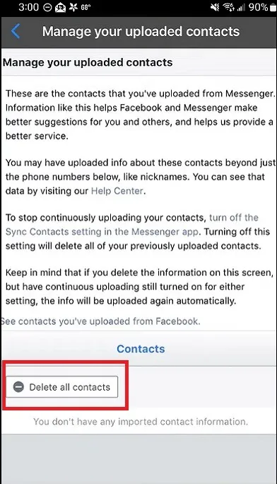 Cómo sincronizar contactos en los contactos del teléfono de Facebook Messenger Eliminar
