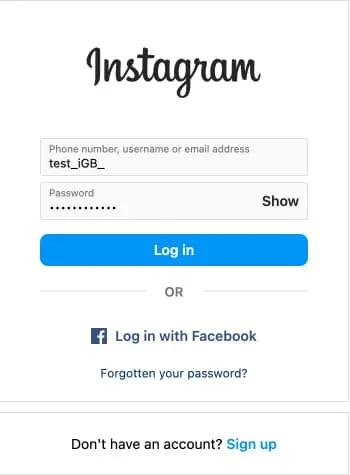Página de login do Instagram