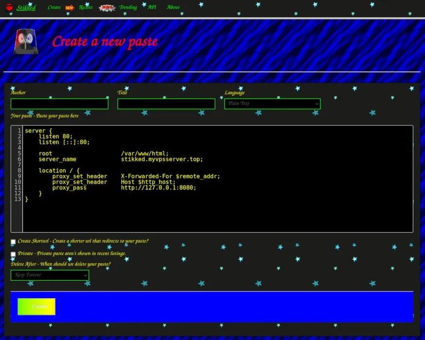 Uma captura de tela mostrando um tema retrô para Stikked.