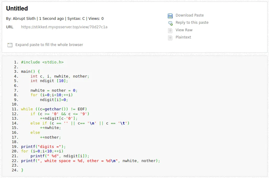 Uma captura de tela mostrando os recursos de realce de sintaxe do Stikked.